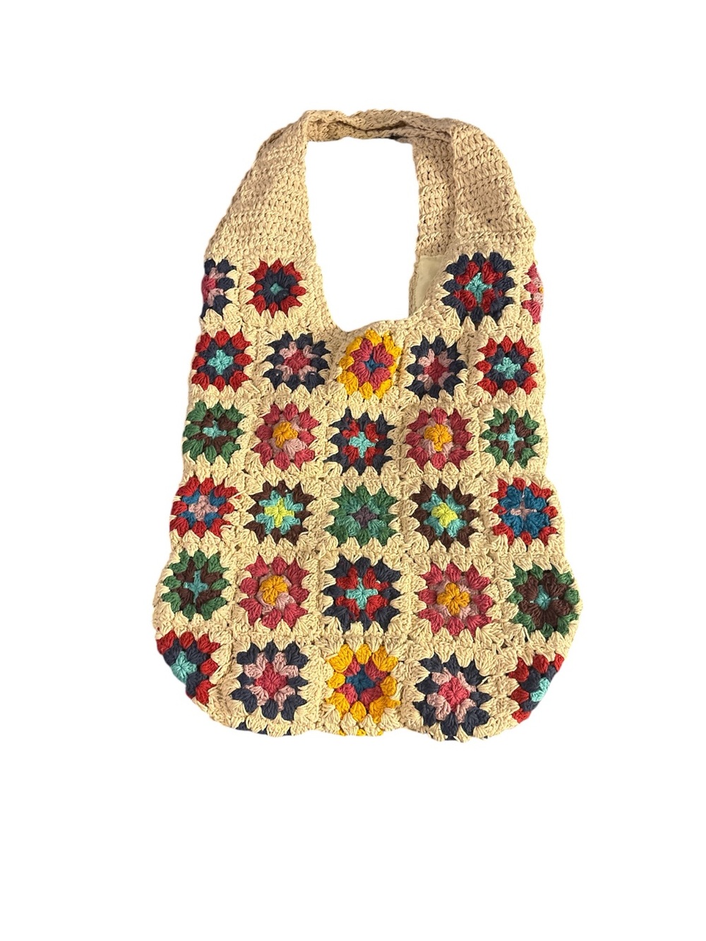 Handmade Crochet Multicolor Granny Square Tote Bag - Cream